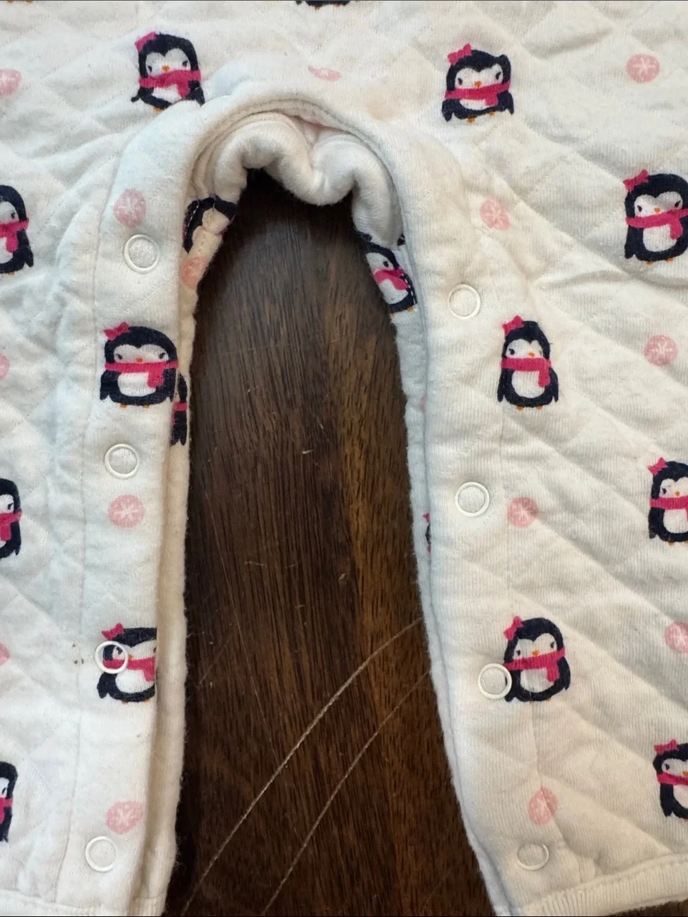 Gymboree White Quilted One Piece Loungewear with Pink & Navy Penguin Print